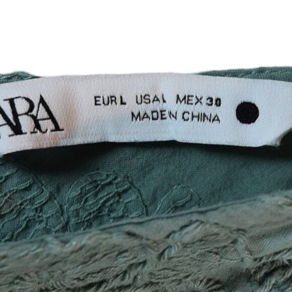 Zara Large Eyelet Lace Romper Women’s L Sage Green Cotton Blend Tie Waist Boho - Picture 6 of 9